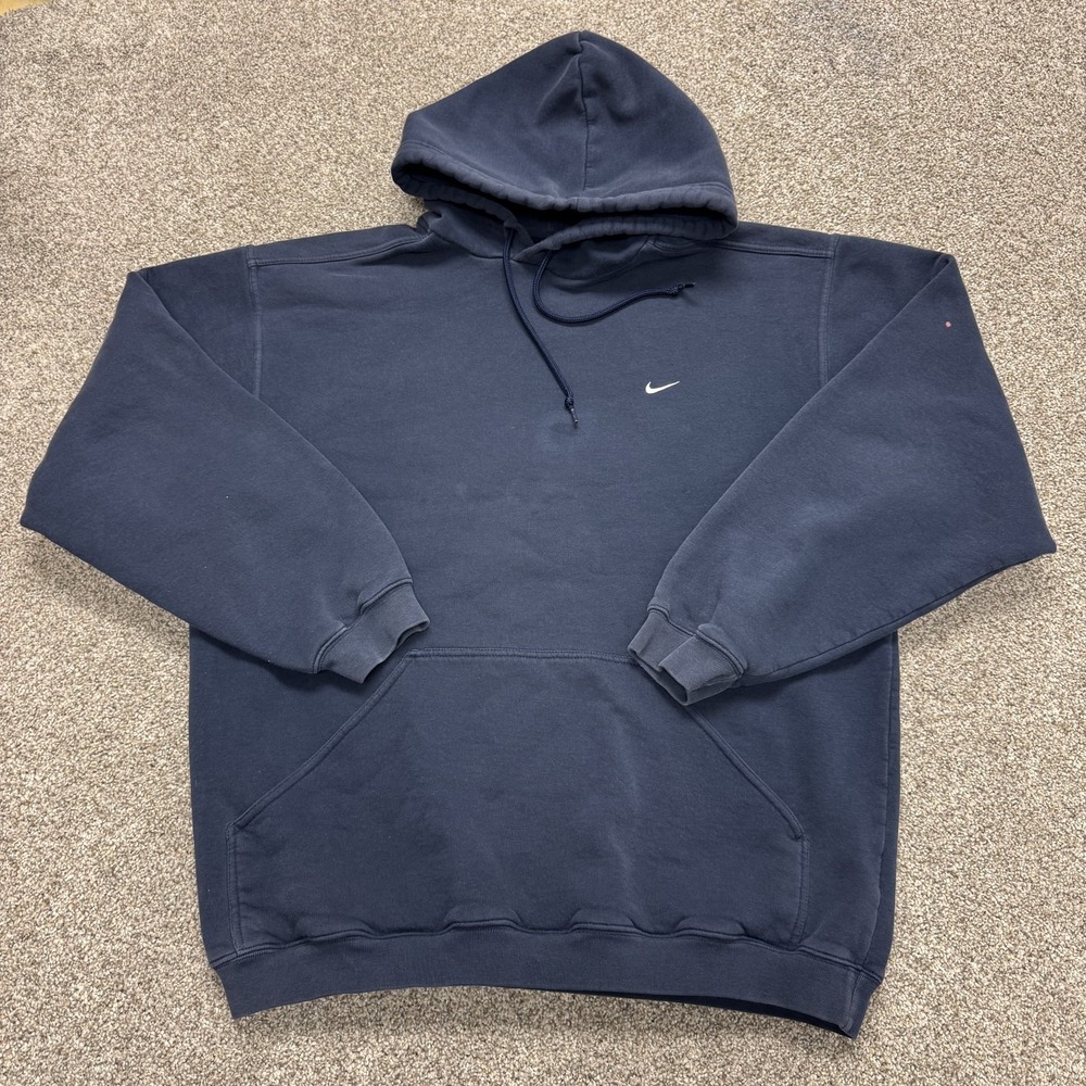 Y2K Nike Hoodie Mens XL Blue Fleece Pullover Kangaroo Micro Swoosh Sweatshirt